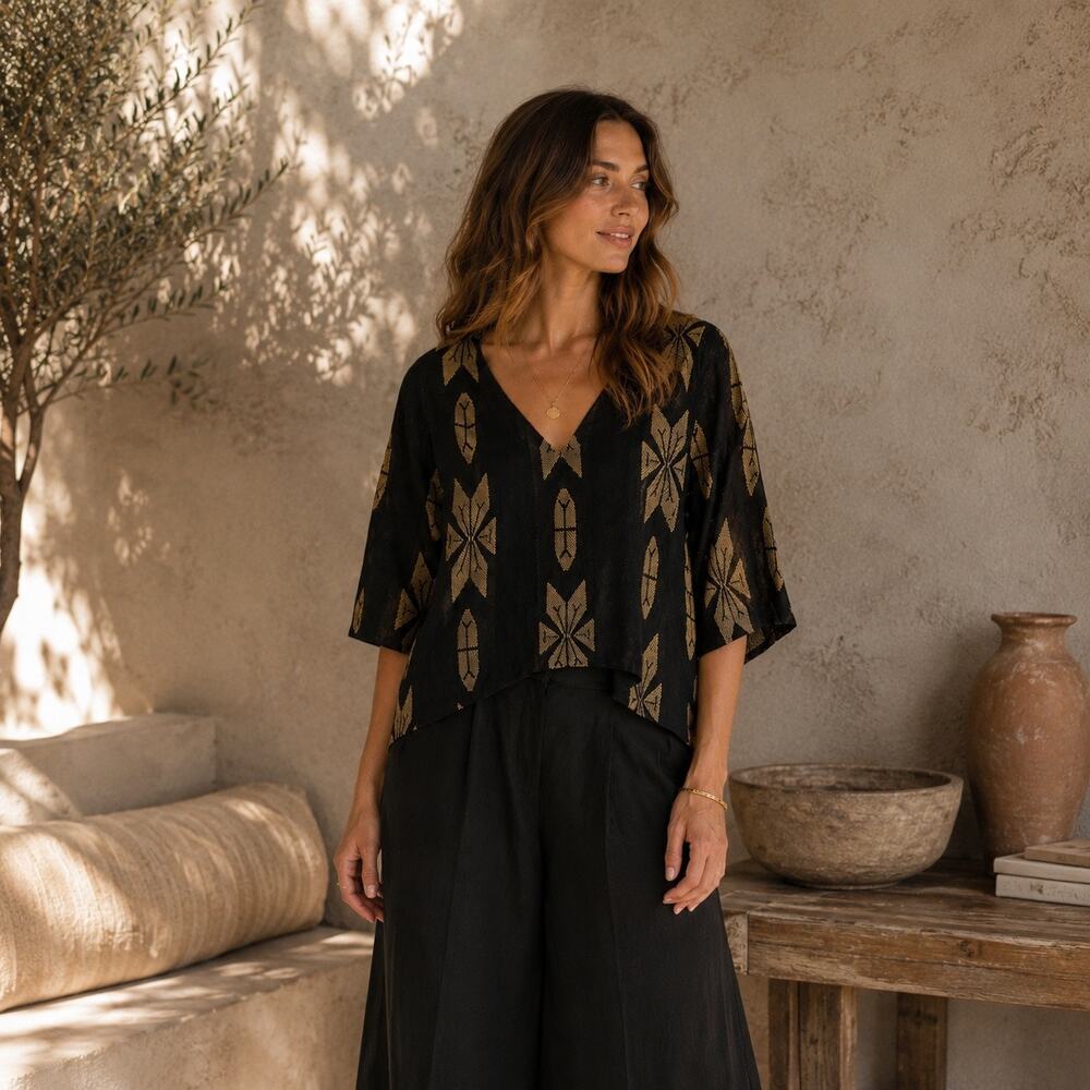 Lotus Eaters Greece Black Gold Jacquard Artisan Top Small